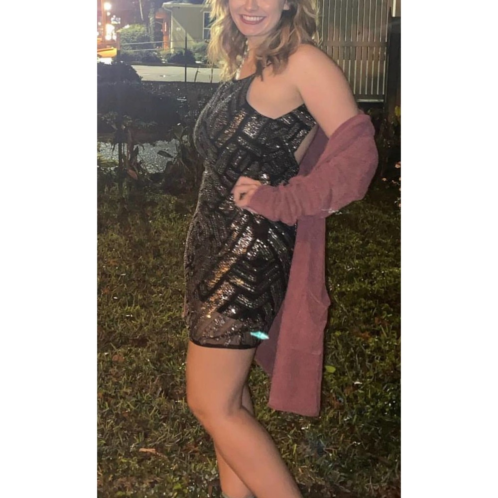 Parker Sequin Beaded Open Back Mini Dress Large